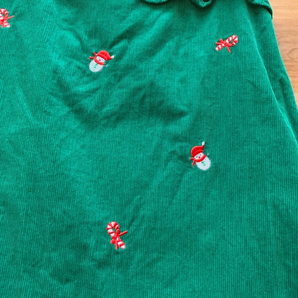 Christmas Jumper Dress Size 6 Green Corduroy Embroidered Candy Canes Snowmen - Picture 4 of 8
